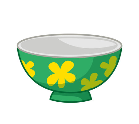 Green bowl with yellow flowers. Vector illustration of kitchen utensils in cartoon childish style. Isolated funny clipart on white background. Nice print on the plateのイラスト素材