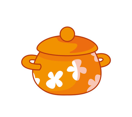 Orange flower pot for cooking. Vector illustration in cartoon childish style. Isolated funny clipart on white background. cute printのイラスト素材