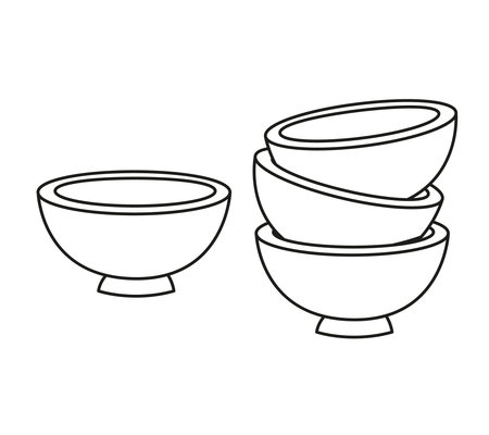 Set of plates and bowls with black outline. Vector illustration of kitchen utensils in cartoon childish style. Isolated funny clipart on white background. Nice print on the plateのイラスト素材