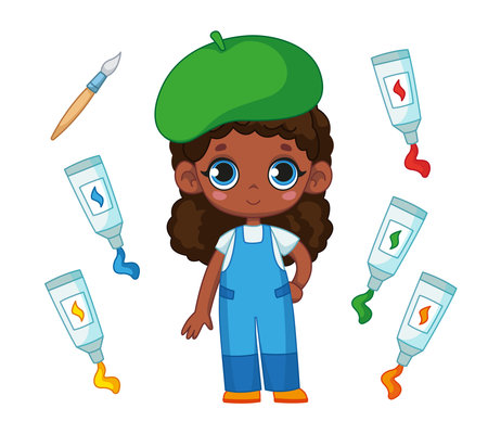 A cute little black artist in a green beret and denim overalls, surrounded by tubes of paint and a brush. Vector illustration of a character in a cartoon childish style. Isolated clipart art printのイラスト素材