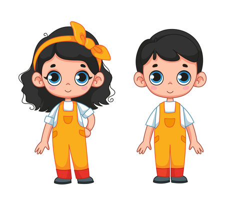 Cartoon baby in yellow overalls set, boy and girl. Professional cleaner. Vector illustration of a human character in a cartoon childish style. Isolated clipart on white background. cute boy printのイラスト素材