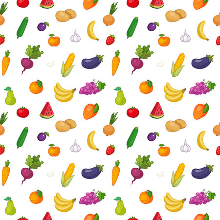 Seamless pattern with fruits and vegetables on a white background. Vector illustration of a vegetarian in a minimalistic flat style, drawing by hand. Print for textiles, print design, postcards.のイラスト素材