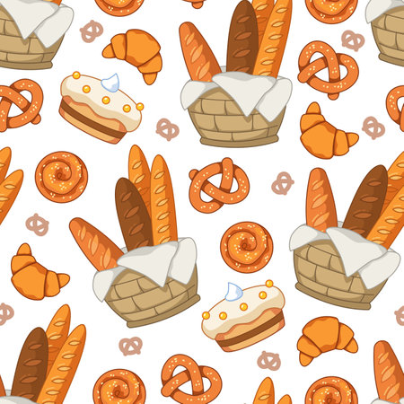 Seamless pattern with pastries in a basket, rolls, bread, cake, cake on a white background. Vector illustration in a minimalistic flat style, hand drawn. Print for bakery textiles, design, postcardsのイラスト素材