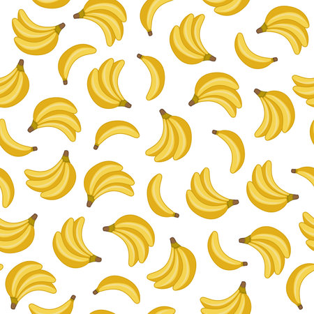 Seamless pattern with cute bananas. Vector fruit illustration with bunches of ripe bananas in a minimalist flat style, hand drawn. Print for children and for the kitchenのイラスト素材