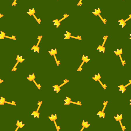 Seamless pattern with cute golden keys on a green background. Vector fairy tale illustration in a minimalistic flat style, hand drawn. Print for childrenのイラスト素材