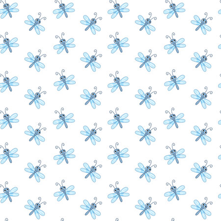 Seamless pattern with cute dragonflies on a white background. Vector illustration in a minimalistic flat style, hand drawn. Print for childrenのイラスト素材
