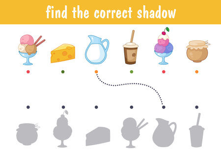 Set of cute dairy products, milk, ice cream, cheese, butter. Find the correct shadow. Educational game for kids. Cartoon vector illustration, colorclipartのイラスト素材