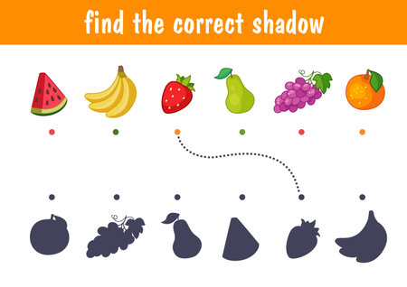 Set of cute fruits, watermelon, grapes, pear, strawberry, banana, mango. Find the correct shadow. Educational game for kids. Cartoon vector illustration, colorclipartのイラスト素材