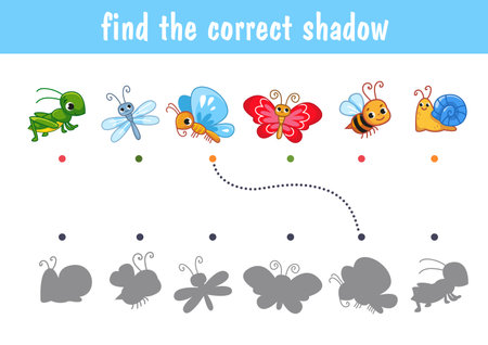 Set of cute insects, bumblebee, butterfly, dragonfly, bee, snail. Find the correct shadow. Educational game for kids. Cartoon vector illustration, colorclipartのイラスト素材