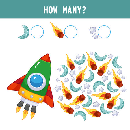 How many moons, stars, asteroids does a cute little space rocket have in space? Counting educational kids game, kids math activity sheet. Cartoon color vector illustrationのイラスト素材