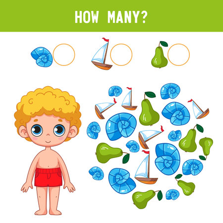 How many pears, shells, ships and fruits does the cute little boy in swimming trunks have? Counting educational kids game, kids math activity sheet. Cartoon color vector illustrationのイラスト素材