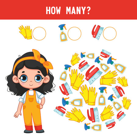 How many detergents, protective gloves, washing brushes are lying next to the little cleaning girl? Counting educational kids game, kids math activity sheet. cartoon colored vector illustrationのイラスト素材
