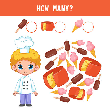 How much cheese and ice cream is next to the little boy cook? Counting educational kids game, kids math activity sheet. cartoon colored vector illustrationのイラスト素材