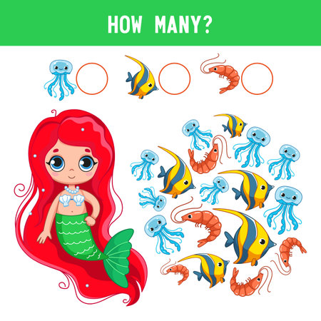 How many fish, shrimps, jellyfish lie next to a little cute little mermaid girl? Counting educational kids game, kids math activity sheet. cartoon colored vector illustrationのイラスト素材