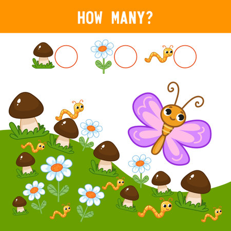 How many mushrooms, worms and flowers grow next to a pink butterfly. Math assignment. Counting educational kids game, kids math activity sheet. Cartoon color vector illustrationのイラスト素材