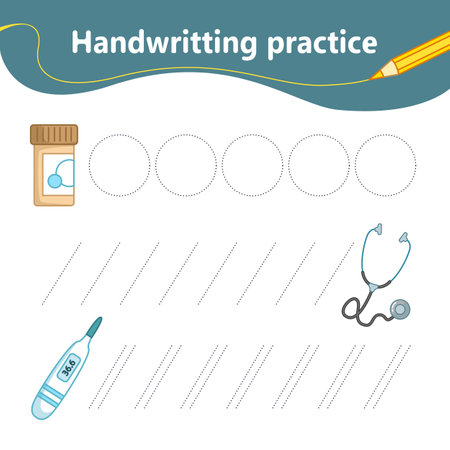 We circle the line by dots. Set of medical products, medicine, stethoscope, thermometer. preschool education. vector illustration in cartoon styleのイラスト素材