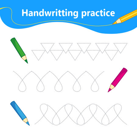 We outline the line by dots, teaching handwriting. Decor Set of colored pencils. preschool education. vector illustration in cartoon styleのイラスト素材