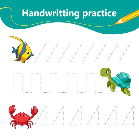 We outline the line by dots, teaching handwriting. Decor Set of fish, turtle and crab. preschool education. vector illustration in cartoon styleのイラスト素材
