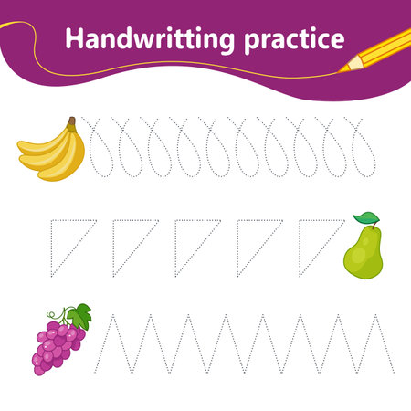 We outline the line by dots, teaching handwriting. Decor Set of banana, pear and grapes. preschool education. vector illustration in cartoon styleのイラスト素材