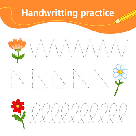 Writing figures along the marked lines, lines along the dots. flowers set. preschool education. vector illustration in cartoon styleのイラスト素材