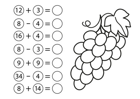 Children's math game, subtraction and addition of numbers. Coloring grapes. Mini task, write the answer in the empty circle. preschool education. vector illustration in cartoon styleのイラスト素材