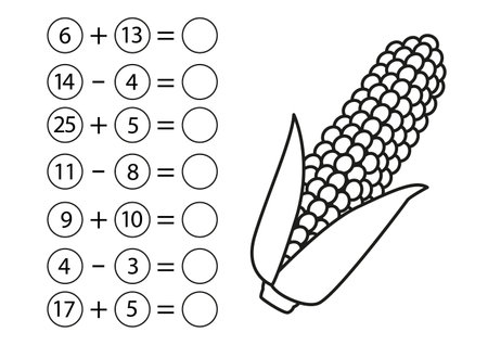Children's math game, subtraction and addition of numbers. Corn coloring page. Mini task, write the answer in the empty circle. preschool education. vector illustration in cartoon styleのイラスト素材