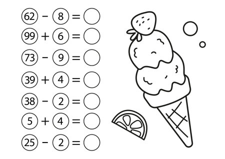 Children's math game, subtraction and addition of numbers. Coloring page ice cream. Mini task, write the answer in the empty circle. preschool education. vector illustration in cartoon styleのイラスト素材