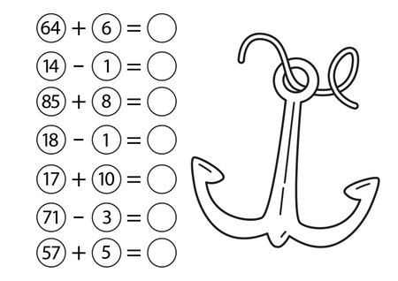 Children's math game, subtraction and addition of numbers. Sea anchor coloring page. Mini task, write the answer in the empty circle. preschool education. vector illustration in cartoon styleのイラスト素材