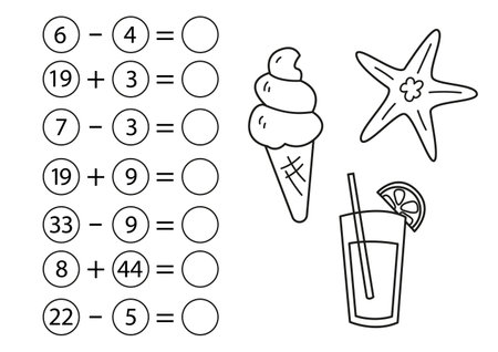 Children's math game, subtraction and addition of numbers. Coloring book with ice cream. Mini task, write the answer in the empty circle. preschool education. vector illustration in cartoon styleのイラスト素材