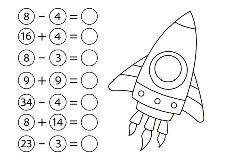 Children's math game, subtraction and addition of numbers. Coloring book with space rocket. Mini-task, write the answer in the empty circle. preschool education. vector in cartoon styleのイラスト素材