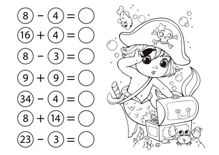 Children's math game, subtraction and addition of numbers. Coloring book with a mermaid boy in a pirate costume found a treasure chest. Mini-task, write the answer in a circle. preschool educationのイラスト素材