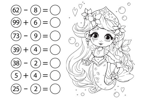 Children's math game, subtraction and addition of numbers. Coloring book with cute little mermaid. Mini-task, write the answer in a circle. preschool educationのイラスト素材