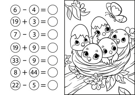 Children's math game, subtraction and addition of numbers. Coloring book with cute chicks in the nest. Mini-task, write the answer in a circle. preschool educationのイラスト素材