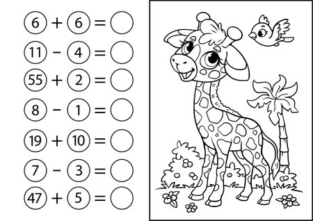 Children's math game, subtraction and addition of numbers. Coloring book with cute giraffe and palm tree. Mini-task, write the answer in a circle. preschool educationのイラスト素材