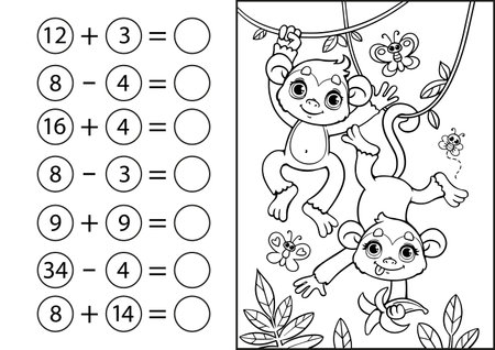 Children's math game, subtraction and addition of numbers. Coloring book with cute monkey marmosets on a palm tree. Mini-task, write the answer in a circle. preschool educationのイラスト素材