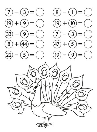 Children's math game, subtraction and addition of numbers. Coloring book with peacock. Mini-task, write the answer in a circle. preschool educationのイラスト素材