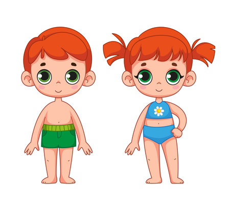 Cute red-haired girl in bathing suit and a boy. Set of children in beach clothes. Family, brother and sister. Children's illustration of children. Vector illustration in cartoon style. Isolated clipartのイラスト素材