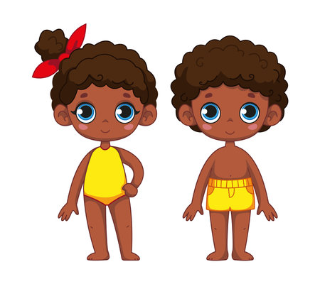 Family, brother and sister. Cute black girl in a swimsuit and a boy. Set of children in beach clothes. Children's illustration of a child. Vector illustration in cartoon style. isolated clipartのイラスト素材