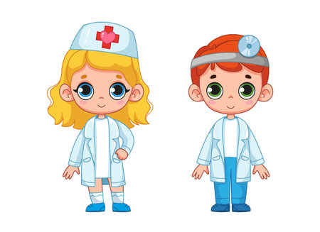 Cute boy in white doctor or nurse suit and girl set. children's doctor. The concept of choosing a profession by children. Vector illustration of a character in cartoon style. Isolated funny clipartのイラスト素材