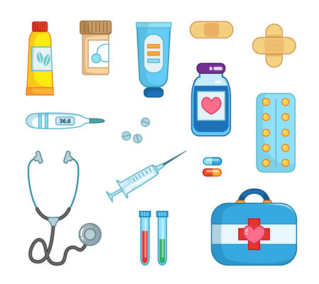 Set of doctor's medical items, medicine, stethoscope, pills, thermometer, ointment. Vector illustration in cartoon childish style. Isolated funny clipart on white background. cute printのイラスト素材