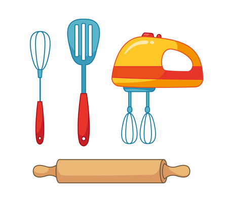 Cartoon yellow hand mixer, rolling pin, kitchen utensils set. Vector illustration of kitchen appliances in cartoon childish style. Isolated funny clipart. cute printのイラスト素材