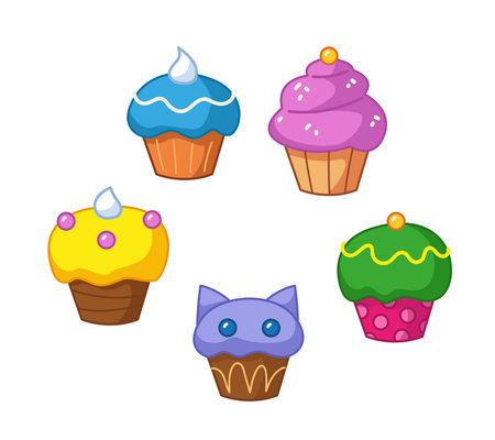 A set of cupcakes with different colors of cream and sprinkles. Vector illustration of a cake in a cartoon childish style. Isolated funny bakery clipart on white background. cute kitchen printのイラスト素材