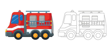 Red fire truck with outline and coloring book set. Vector illustration in cartoon childish style. Isolated funny clipart on white background. Cute fire transport printのイラスト素材