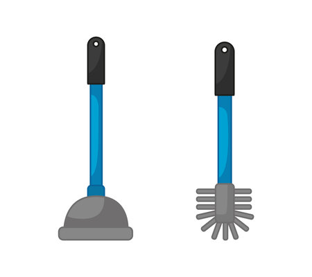 Toilet brush with blue plastic handle and brush set. cleaning equipment. Vector illustration in cartoon childish style with outline. Isolated funny clipart. cute printのイラスト素材