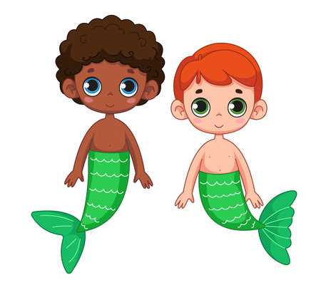 A cute little black boy with a green mermaid tail and a redhead boy. Vector illustration of magic character in cartoon childish style. Isolated funny clipart. Cute mermaid boy printのイラスト素材
