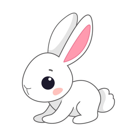 Cartoon cute easter bunny in white color. Children's drawing of a hare. spring Easter holiday. Vector illustration of animal character in cartoon childish style. Isolated clipart on white backgroundのイラスト素材