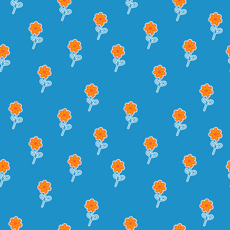 Seamless pattern with orange small flowers on a blue background. Minimalistic spring illustration for packaging, baby clothes and textiles. Delicate cute daisiesのイラスト素材