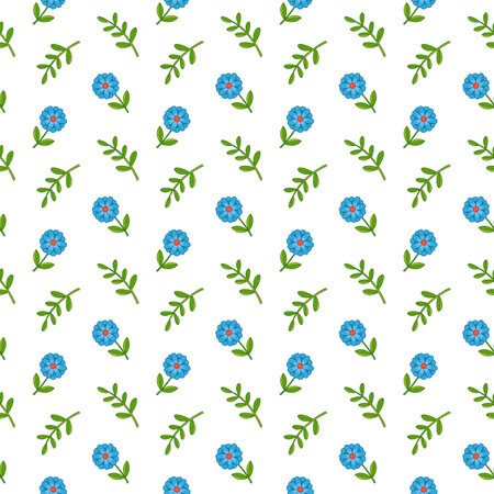 Seamless pattern with blue flowers and green branches on a white background. Minimalistic spring illustration for packaging, baby clothes and textiles. Delicate cute daisiesのイラスト素材