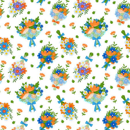 Seamless pattern with cute bouquets of flowers on a white background. Spring children's decor. Vector illustration in minimalistic flat style, hand drawn. Print for spring textiles for babiesのイラスト素材