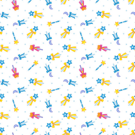 Seamless pattern with cute multicolored magic wands decorated with stars, bows and other decorations. Magical children's print for clothes and cards. Vector illustration in a minimalistic flat styleのイラスト素材